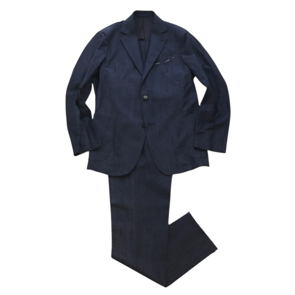 Finjack フィンジャック [春夏] セットアップ スーツ コットンリネン楊柳 2B 1プリーツ ドローコード ネイビー